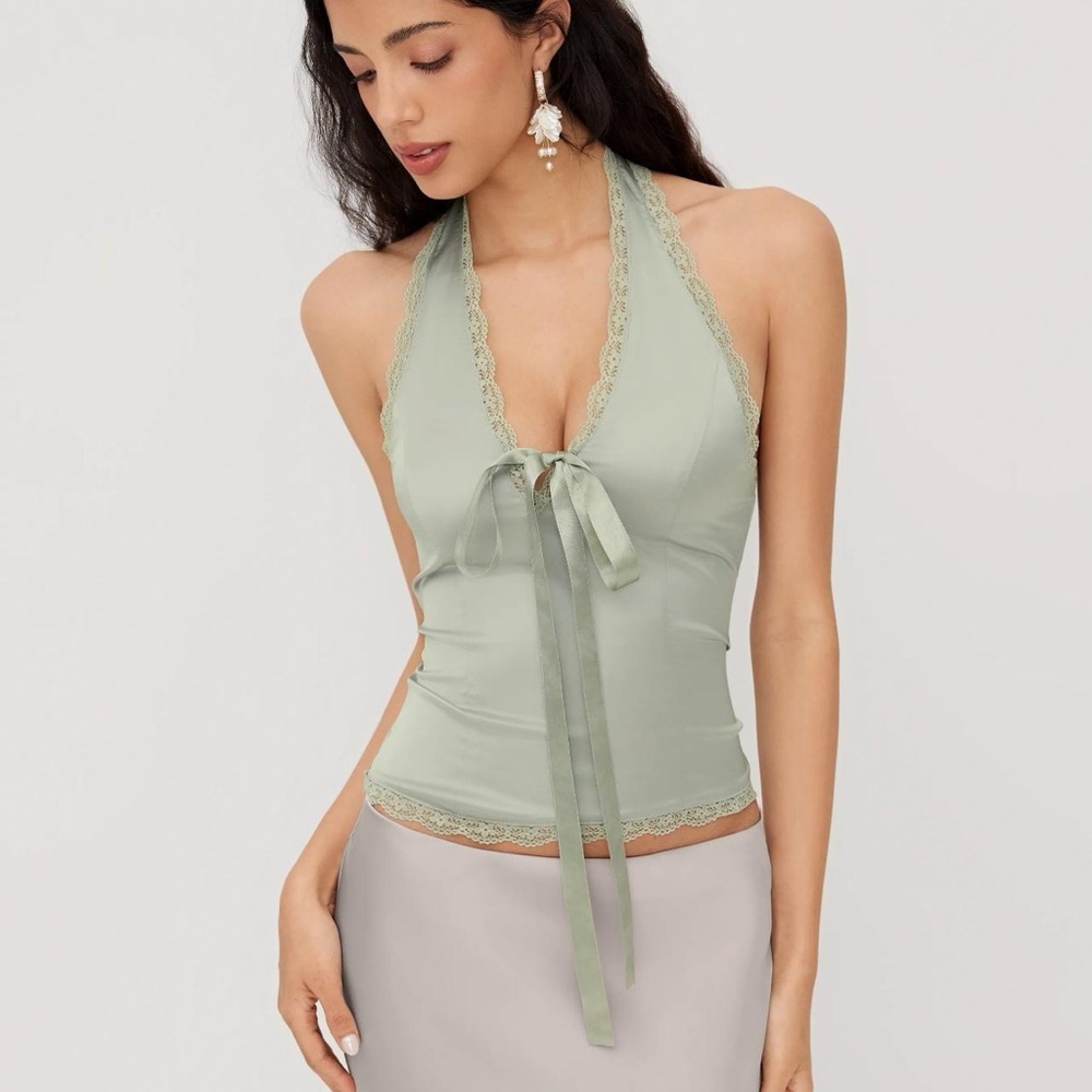 Satin sage green halter neckline lace trim knotted top